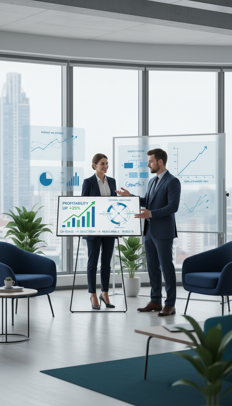 A professional business scene with real people involved in a discussion, symbolizing strategic event planning, measurable results, and increased participant enjoyment.