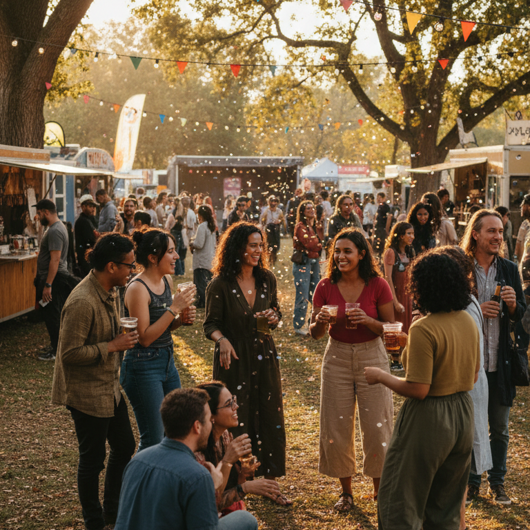 A photo showing people genuinely enjoying themselves at an event, with smiling faces, social interaction, and a lively atmosphere.